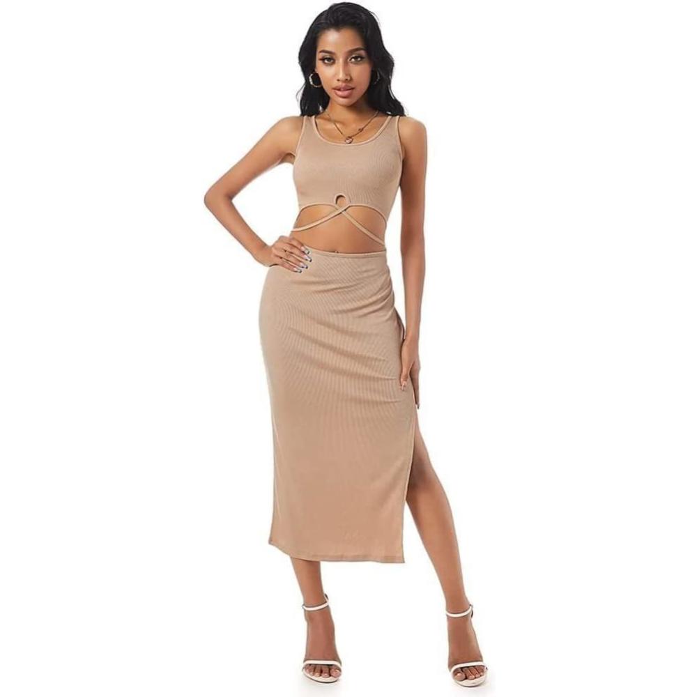 Bodycon Midi Dress - Cutout Sleeveless Dress - Beige - Size S - NWOT